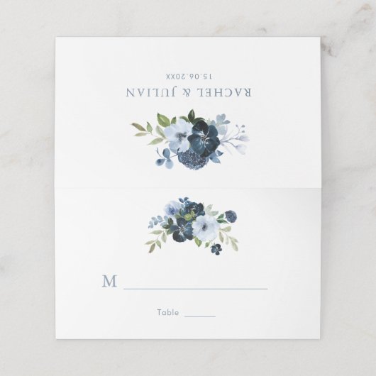 Waterverf marine en lichtblauw bloemenbruiloft plaatskaartje (Buitenkant ongevouwen)