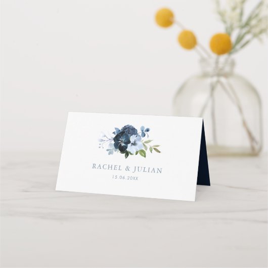 Waterverf marine en lichtblauw bloemenbruiloft plaatskaartje (Achterkant)
