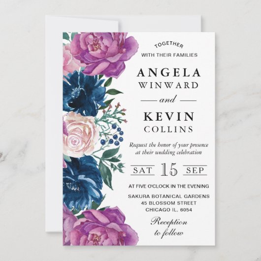 Waterverf marine en paarse bloemen bruiloft kaart (Voorkant)