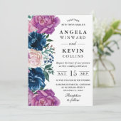 Waterverf marine en paarse bloemen bruiloft kaart (Staand voorkant)