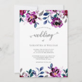 Waterverf marine en Paarse Floral Wedding Kaart (Voorkant)