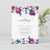 Waterverf marine en Paarse Floral Wedding Kaart (Staand voorkant)