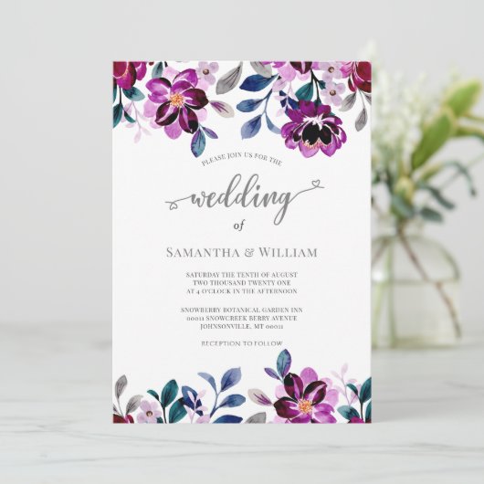 Waterverf marine en Paarse Floral Wedding Kaart (Staand voorkant)