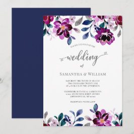 Waterverf marine en Paarse Floral Wedding Kaart