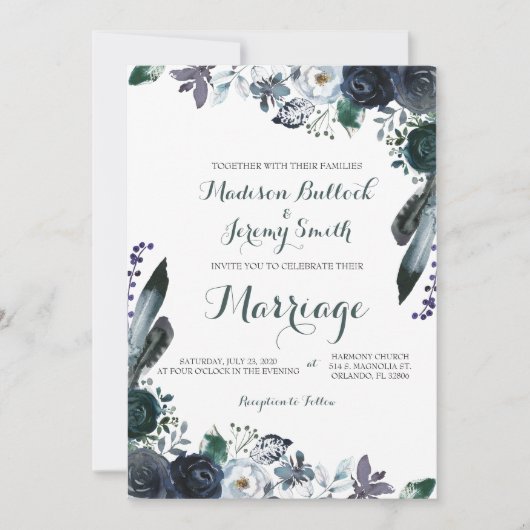 Waterverf marine Floral Wedding Invitation Kaart (Voorkant)