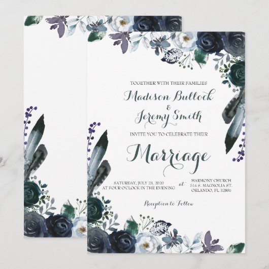 Waterverf marine Floral Wedding Invitation Kaart (Voorkant / Achterkant)