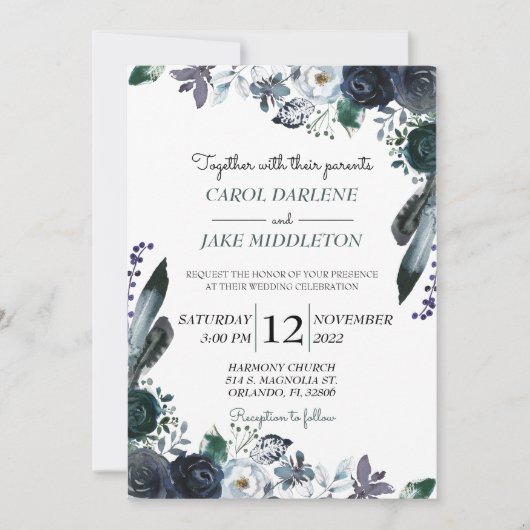 Waterverf marine Floral Wedding Invitation Kaart (Voorkant)