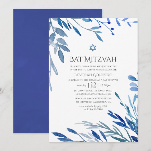 Waterverf marine Indigo verlaat Bat Mitzvah Kaart (Voorkant / Achterkant)