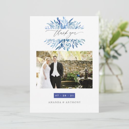 Waterverf marine indigo verlaat bruiloft foto bedankkaart (Staand voorkant)