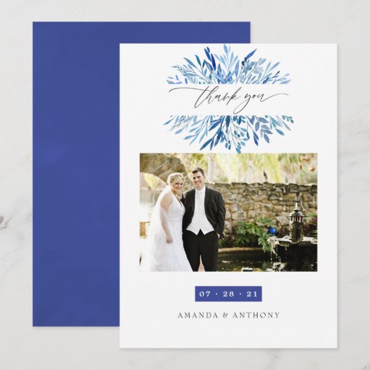 Waterverf marine indigo verlaat bruiloft foto bedankkaart (Voorkant / Achterkant)