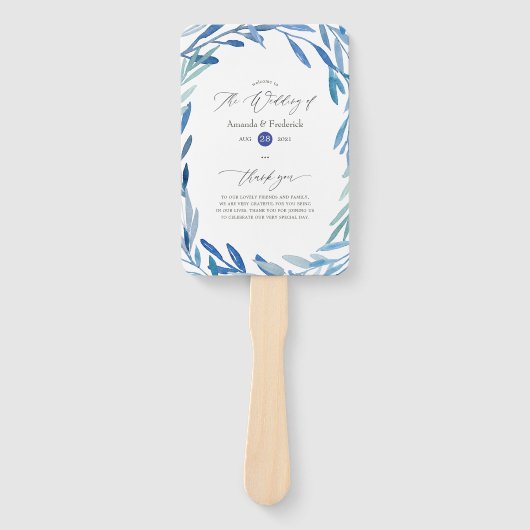 Waterverf marine Indigo verlaat bruiloft programma Handwaaier (Voorkant)