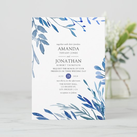 Waterverf marine indigoleves bruiloft kaart (Staand voorkant)