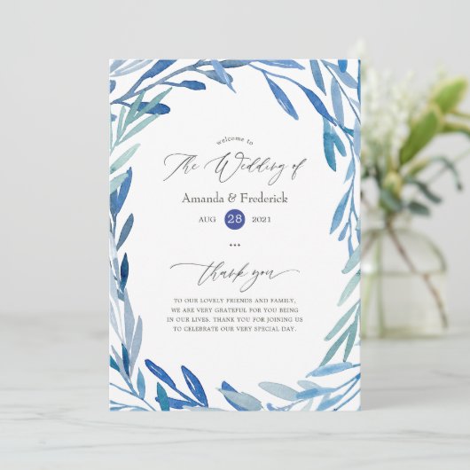 Waterverf marine indigoleves bruiloft programmakaart (Staand voorkant)