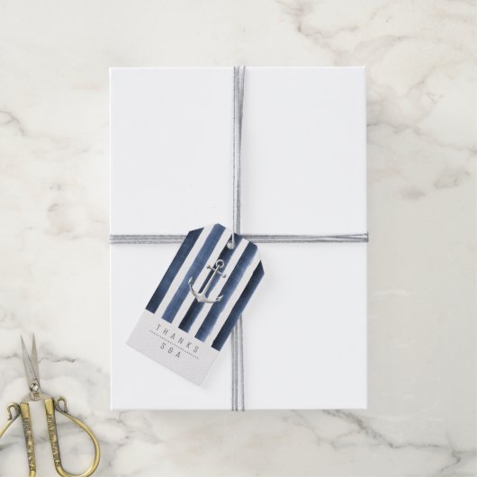 Waterverf marine streept nautische strandbruiloft cadeaulabel (Met Touw)