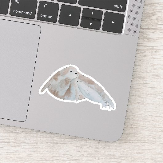 Waterverf Marine Zoogdier Moeder Baby Harp Seal Sticker (Detail)