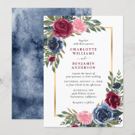 Waterverf marineblauw bordeaux gouden bloemen kaart