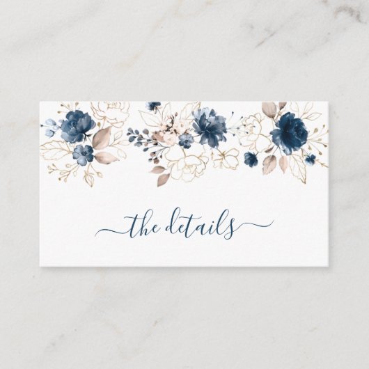 Waterverf marineblauw en gouden rozen bruiloft, de informatiekaartje (Voorkant)