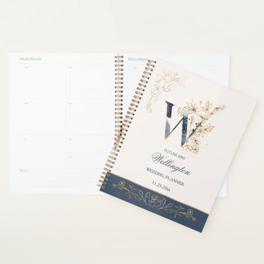 Waterverf marineblauw en gouden rozen Weddenschapp Planner (Display)