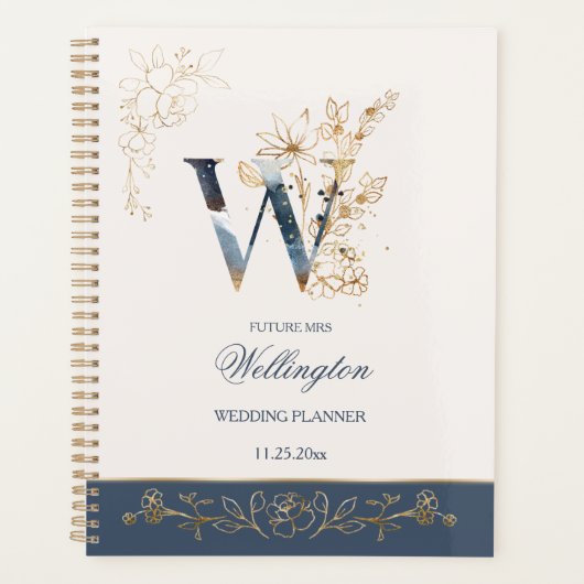 Waterverf marineblauw en gouden rozen Weddenschapp Planner (Voorkant)