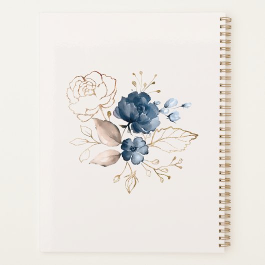 Waterverf marineblauw en gouden rozen Weddenschapp Planner (Achterkant)