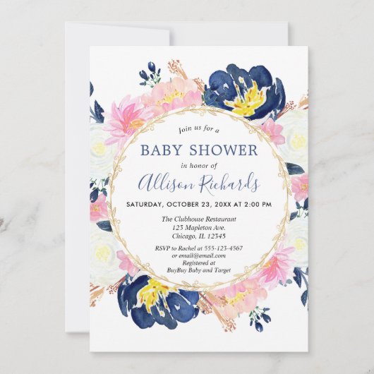 Waterverf marineblauw en roze baby shower kaart (Voorkant)