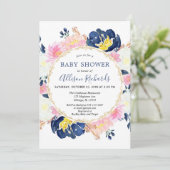 Waterverf marineblauw en roze baby shower kaart (Staand voorkant)