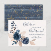 Waterverf marineblauw & gouden rozen Wees mijn bru Kaart (Voorkant / Achterkant)