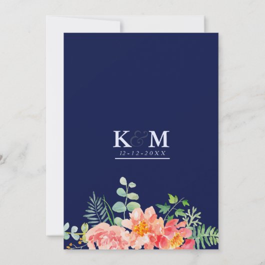 Waterverf marineblauw koraal roze botanische bruil kaart (Achterkant)