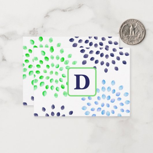 Waterverf marineblauw magnat monogram notitiekaartje (Voorkant / Achterkant in situ)