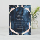 Waterverf marineblauw marmer gouden bruiloft kaart (Staand voorkant)