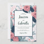 Waterverf marineblauw mauve roze bloemen bruiloft kaart (Voorkant)