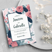 Waterverf marineblauw mauve roze bloemen bruiloft kaart