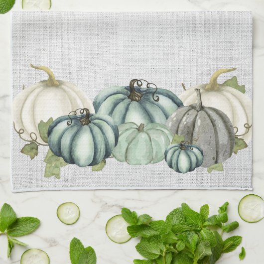 Waterverf marineblauw, wit en grijs pompoen, theedoek (Gevouwen)