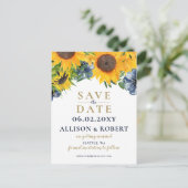 Waterverf marineblauw zonnebloem Rustic Wedding Aankondigingskaart (Staand voorkant)