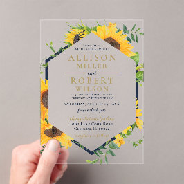 Waterverf marineblauw zonnebloem Rustic Wedding Acryl Uitnodigingen