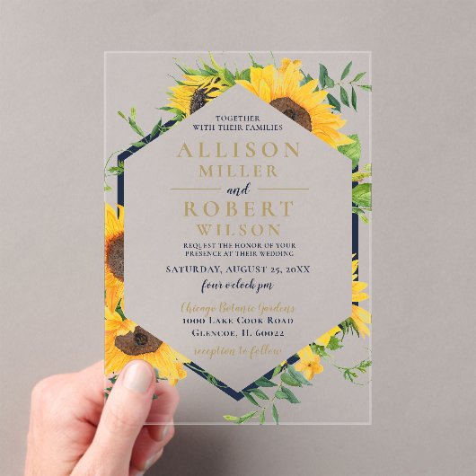 Waterverf marineblauw zonnebloem Rustic Wedding Acryl Uitnodigingen (Insitu (Draagbaar))