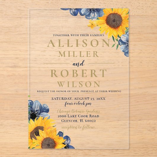 Waterverf marineblauw zonnebloem Rustic Wedding Acryl Uitnodigingen (Voorkant)