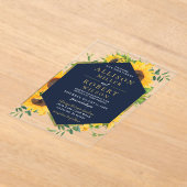 Waterverf marineblauw zonnebloem Rustic Wedding Acryl Uitnodigingen (Laagn)
