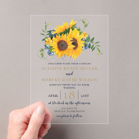 Waterverf marineblauw zonnebloem Rustic Wedding Acryl Uitnodigingen (Insitu (Draagbaar))