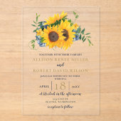 Waterverf marineblauw zonnebloem Rustic Wedding Acryl Uitnodigingen (Voorkant)