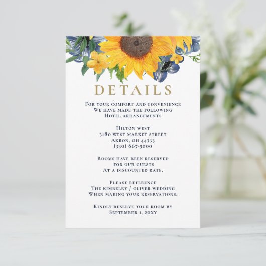 Waterverf marineblauw zonnebloem Rustic Wedding Informatiekaartje (Staand voorkant)