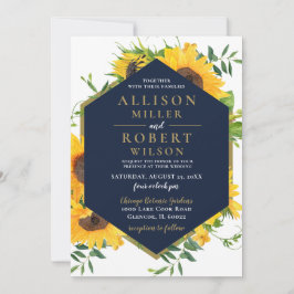 Waterverf marineblauw zonnebloem Rustic Wedding Kaart