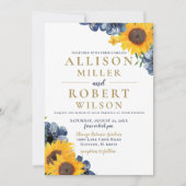 Waterverf marineblauw zonnebloem Rustic Wedding Kaart (Voorkant)