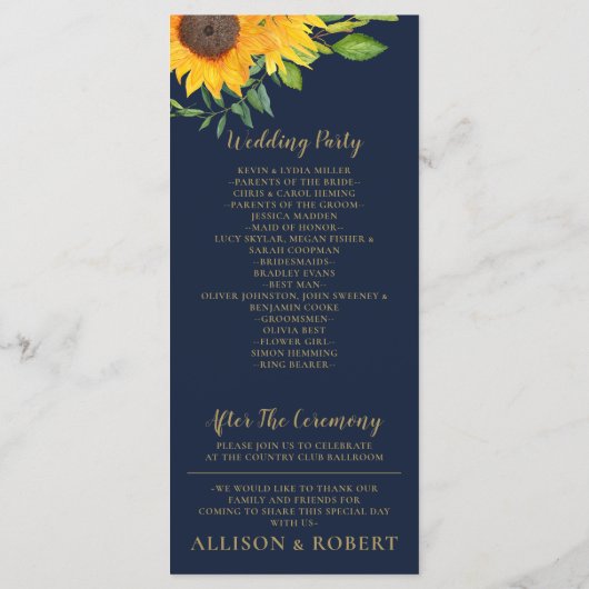 Waterverf marineblauw zonnebloem Rustic Wedding Programmakaart (Achterkant)