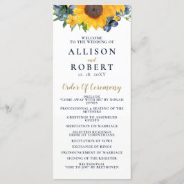 Waterverf marineblauw zonnebloem Rustic Wedding Programmakaart