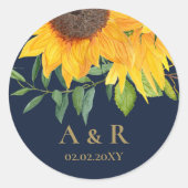 Waterverf marineblauw zonnebloem Rustic Wedding Ronde Sticker (Voorkant)