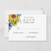 Waterverf marineblauw zonnebloem Rustic Wedding RSVP Kaartje (Voorkant)