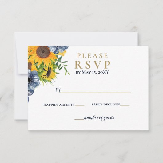 Waterverf marineblauw zonnebloem Rustic Wedding RSVP Kaartje (Voorkant)