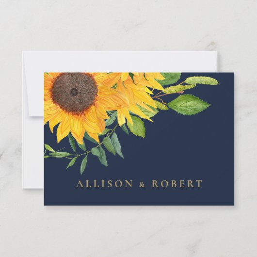 Waterverf marineblauw zonnebloem Rustic Wedding RSVP Kaartje (Achterkant)