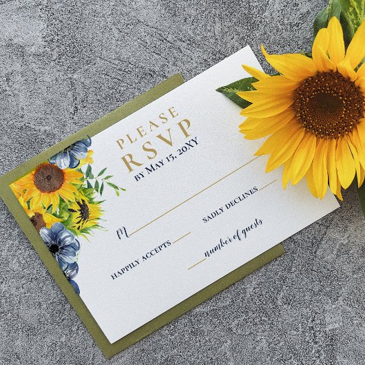 Waterverf marineblauw zonnebloem Rustic Wedding RSVP Kaartje
